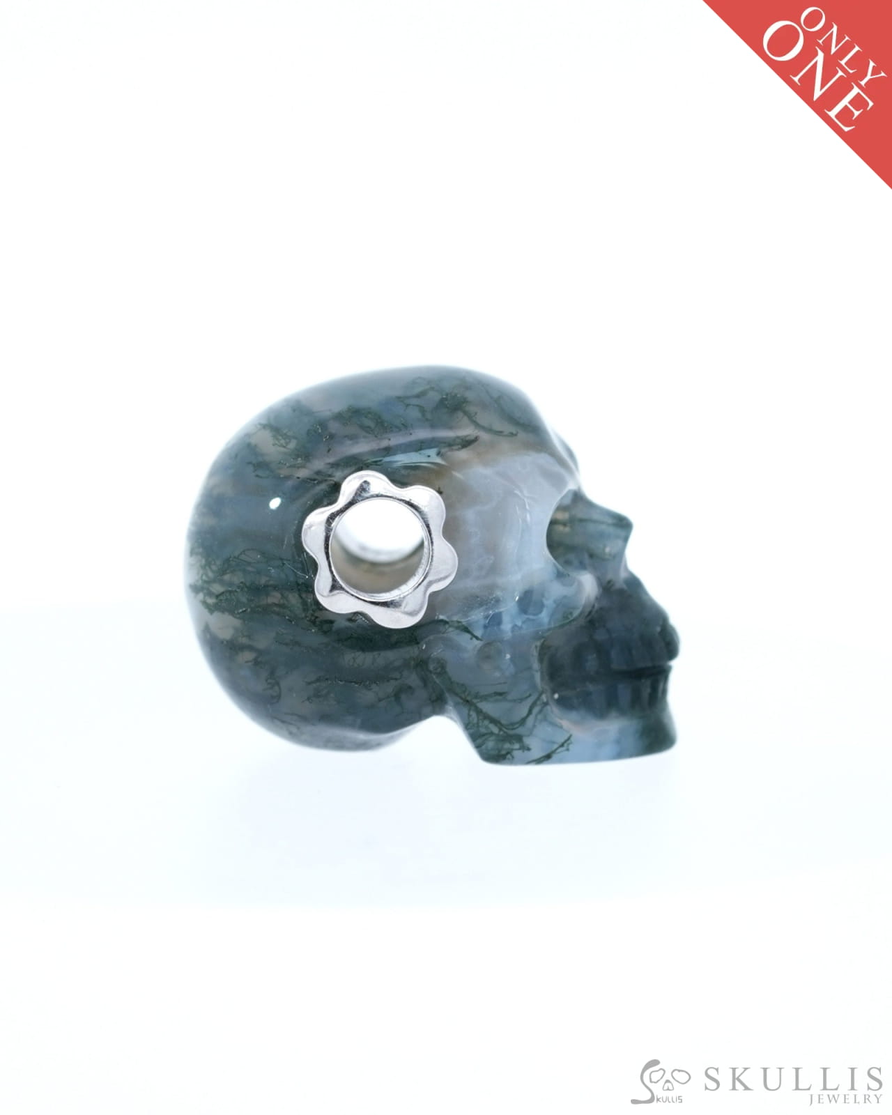 Skullis Signature Green Moss Agate Gem Skull Pendant or Necklace Hand Carved Sterling Silver 925 Chain for Women & Men