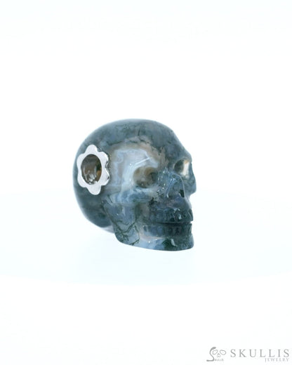 Skullis Signature Green Moss Agate Gem Skull Pendant or Necklace Hand Carved Sterling Silver 925 Chain for Women & Men