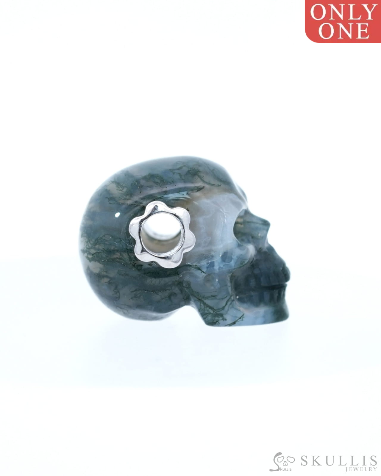 Skullis Signature Green Moss Agate Gem Skull Pendant or Necklace Hand Carved Sterling Silver 925 Chain for Women & Men