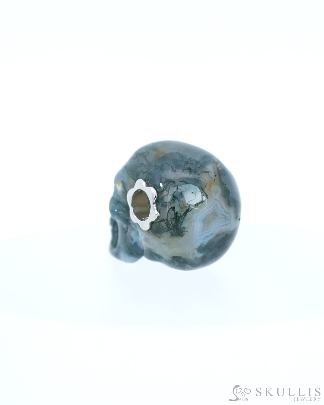 Skullis Signature Green Moss Agate Gem Skull Pendant or Necklace Hand Carved Sterling Silver 925 Chain for Women & Men