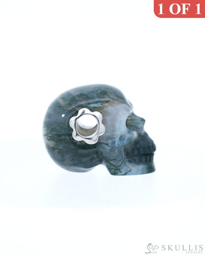 Skullis Signature Green Moss Agate Gem Skull Pendant or Necklace Hand Carved Sterling Silver 925 Chain for Women & Men