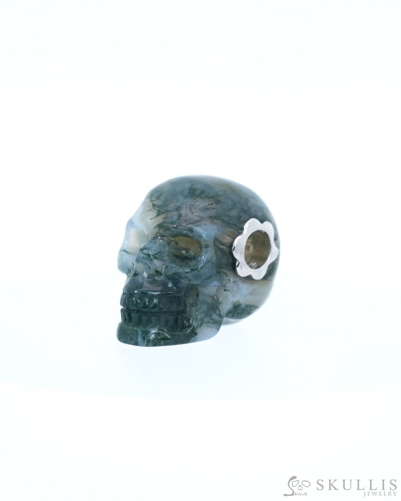 Skullis Signature Green Moss Agate Gem Skull Pendant or Necklace Hand Carved Sterling Silver 925 Chain for Women & Men