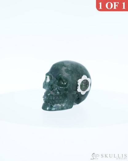 Skullis Signature Green Moss Agate Gem Skull Pendant or Necklace Hand Carved Sterling Silver 925 Chain for Women & Men