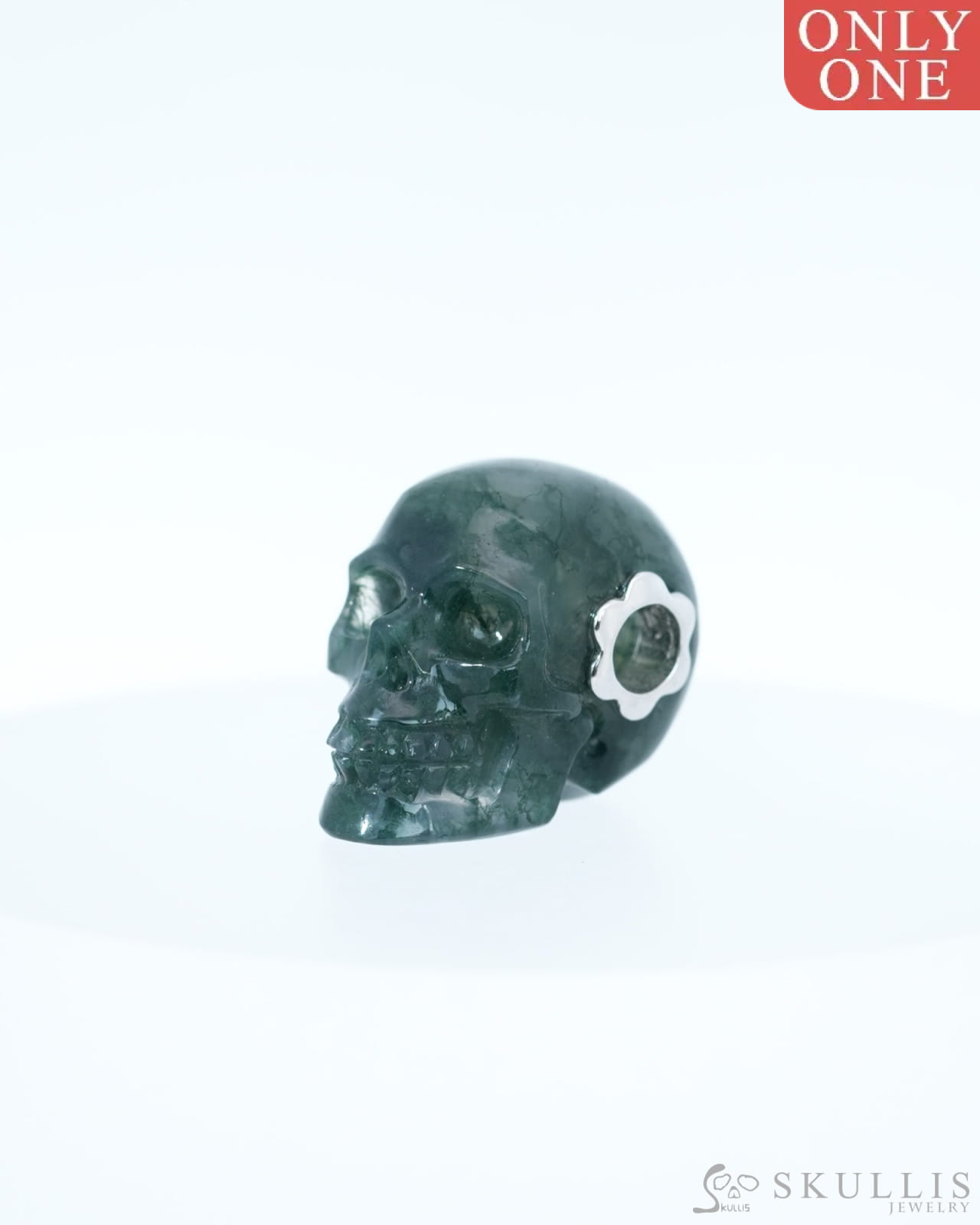 Skullis Signature Green Moss Agate Gem Skull Pendant or Necklace Hand Carved Sterling Silver 925 Chain for Women & Men