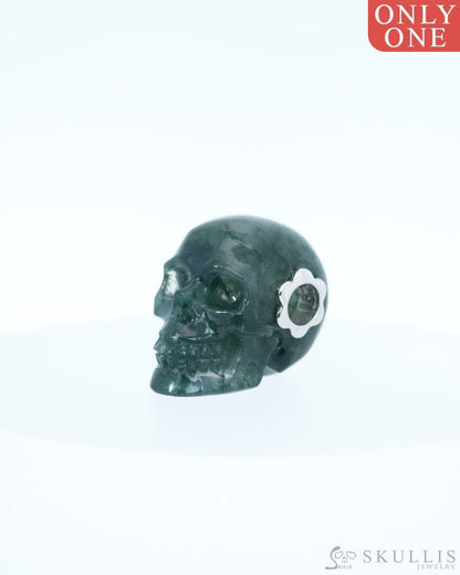 Skullis Signature Green Moss Agate Gem Skull Pendant or Necklace Hand Carved Sterling Silver 925 Chain for Women & Men