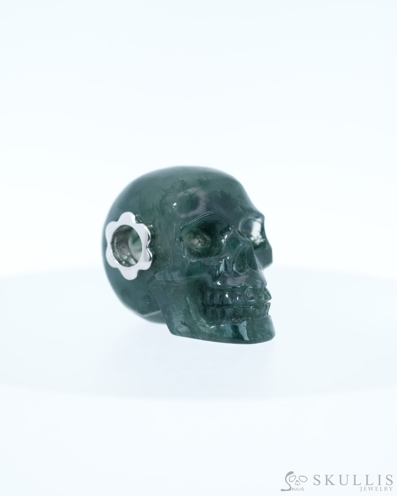 Skullis Signature Green Moss Agate Gem Skull Pendant or Necklace Hand Carved Sterling Silver 925 Chain for Women & Men