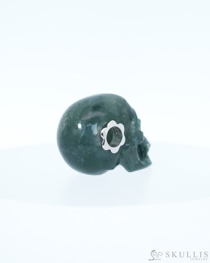 Skullis Signature Green Moss Agate Gem Skull Pendant or Necklace Hand Carved Sterling Silver 925 Chain for Women & Men