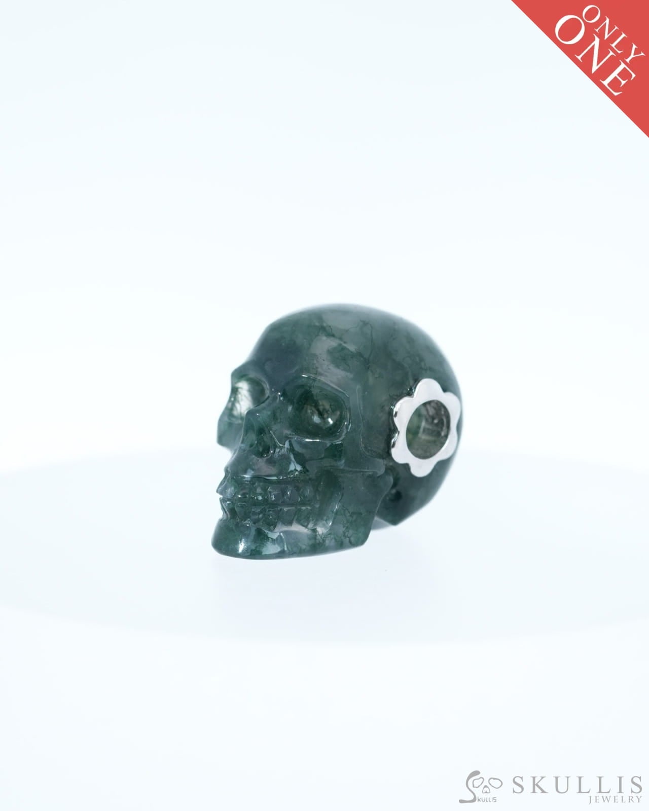 Skullis Signature Green Moss Agate Gem Skull Pendant or Necklace Hand Carved Sterling Silver 925 Chain for Women & Men