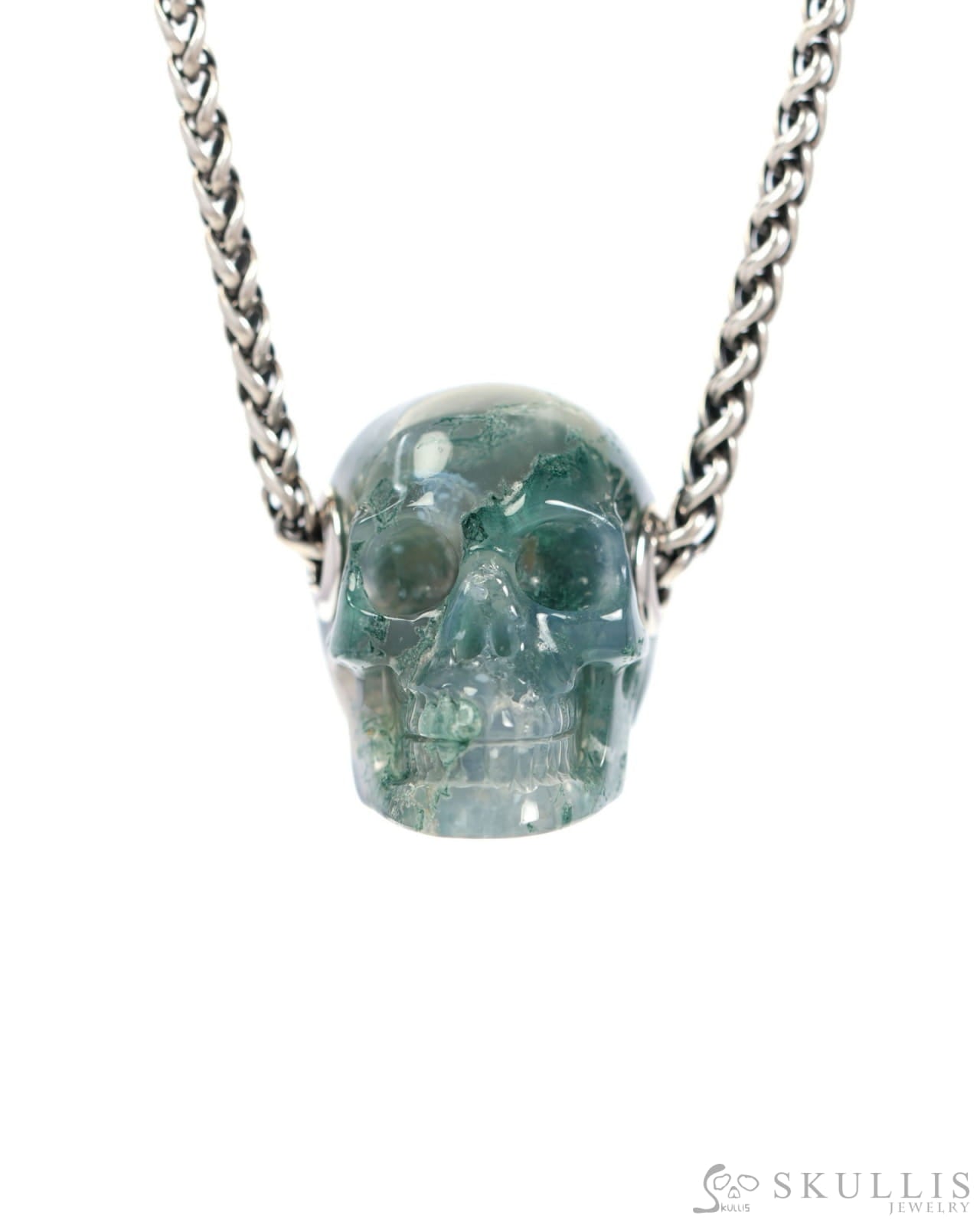 Skullis Signature Green Moss Agate Gem Skull Pendant or Necklace Hand Carved Sterling Silver 925 Chain for Women & Men