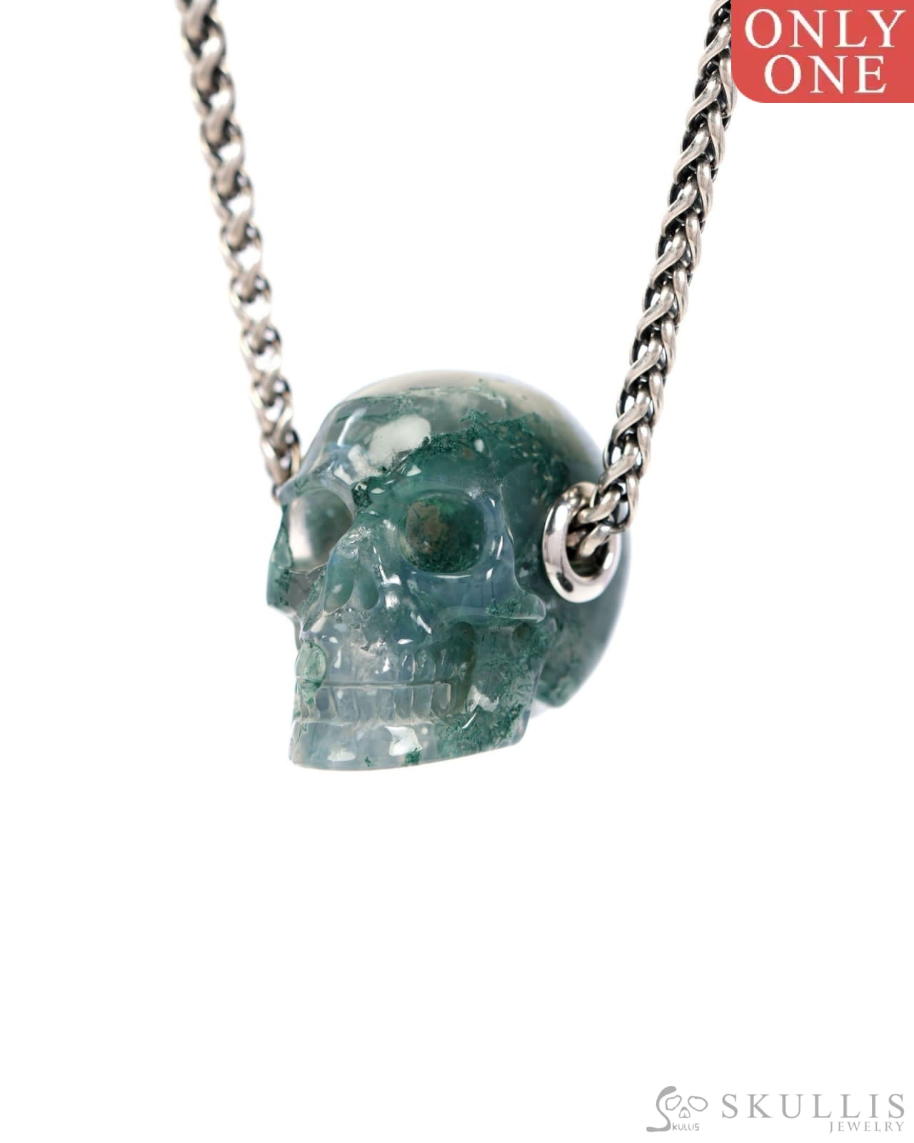 Skullis Signature Green Moss Agate Gem Skull Pendant or Necklace Hand Carved Sterling Silver 925 Chain for Women & Men