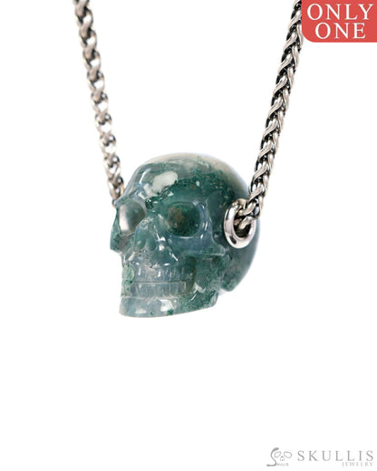 Skullis Signature Green Moss Agate Gem Skull Pendant or Necklace Hand Carved Sterling Silver 925 Chain for Women & Men