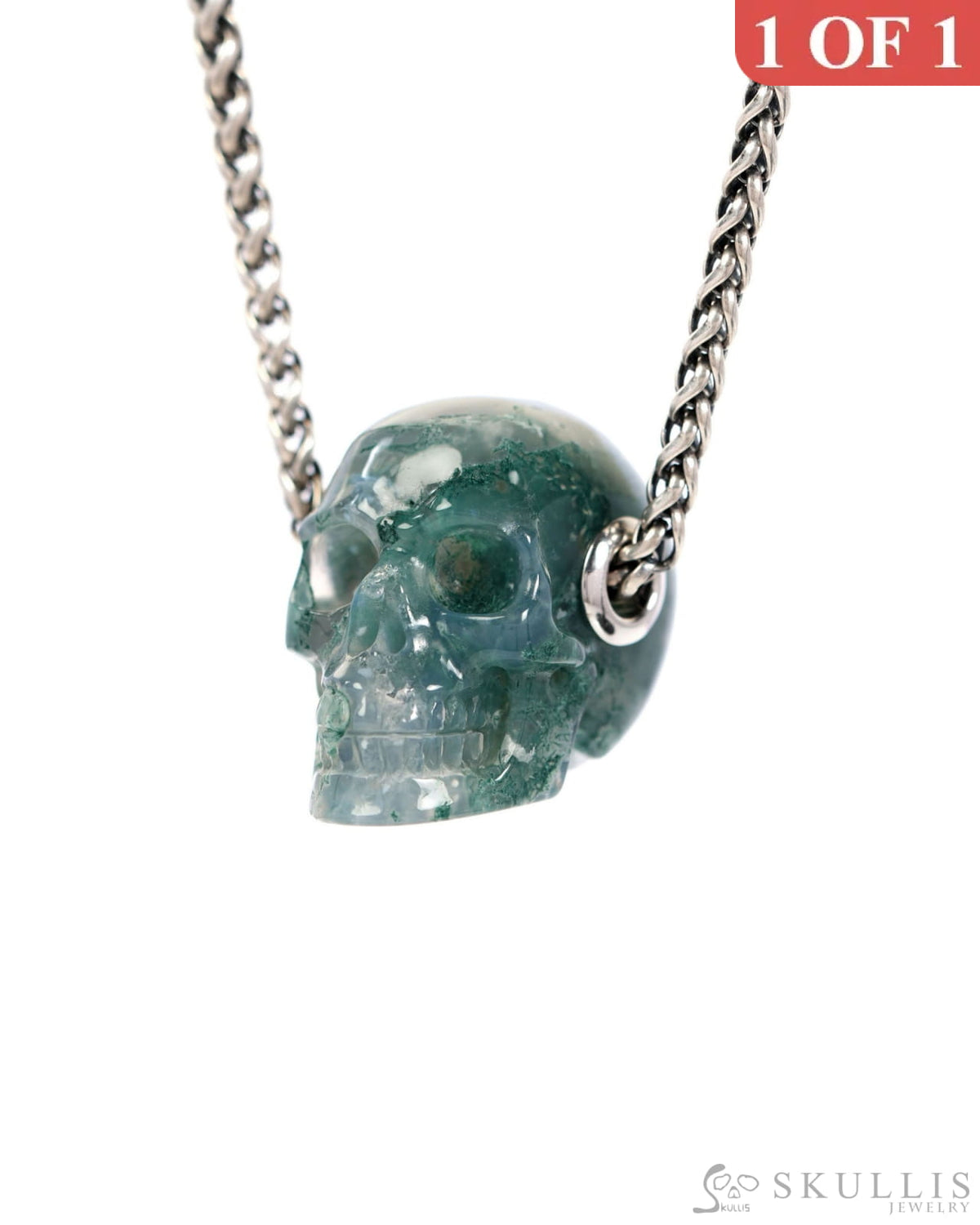 Skullis Signature Green Moss Agate Gem Skull Pendant or Necklace Hand Carved Sterling Silver 925 Chain for Women & Men