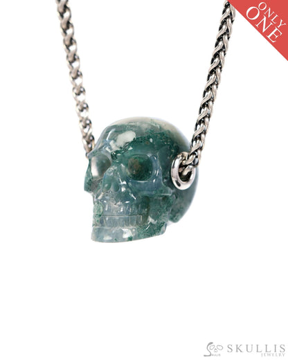 Skullis Signature Green Moss Agate Gem Skull Pendant or Necklace Hand Carved Sterling Silver 925 Chain for Women & Men