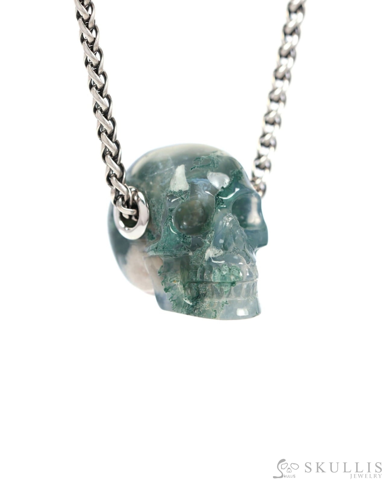 Skullis Signature Green Moss Agate Gem Skull Pendant or Necklace Hand Carved Sterling Silver 925 Chain for Women & Men