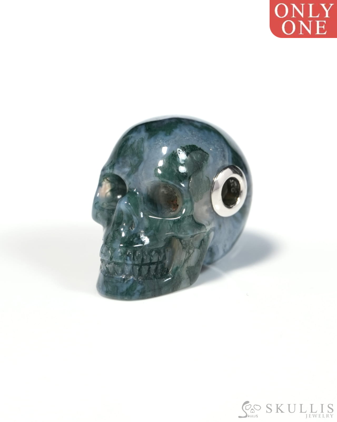 Skullis Signature Green Moss Agate Gem Skull Pendant or Necklace Hand Carved for Women & Men - ZR19900129 - Skull