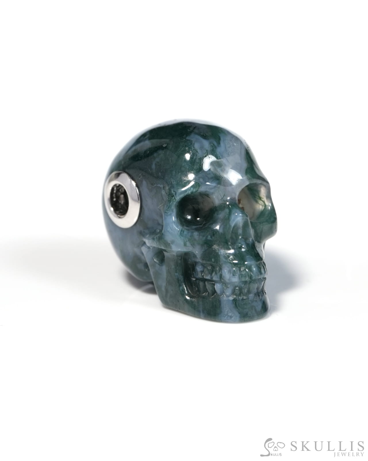 Skullis Signature Green Moss Agate Gem Skull Pendant or Necklace Hand Carved for Women & Men - ZR19900129 - Skull