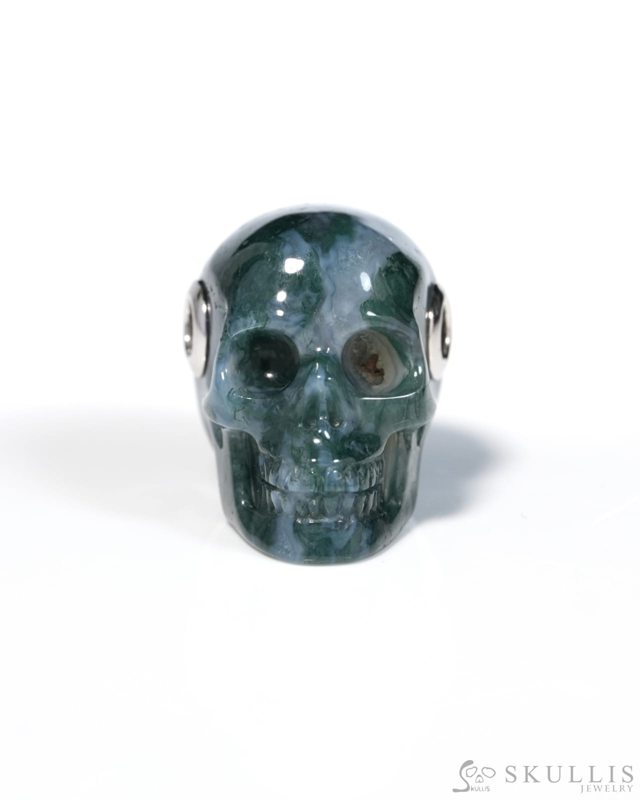 Skullis Signature Green Moss Agate Gem Skull Pendant or Necklace Hand Carved for Women & Men - ZR19900129 - Skull