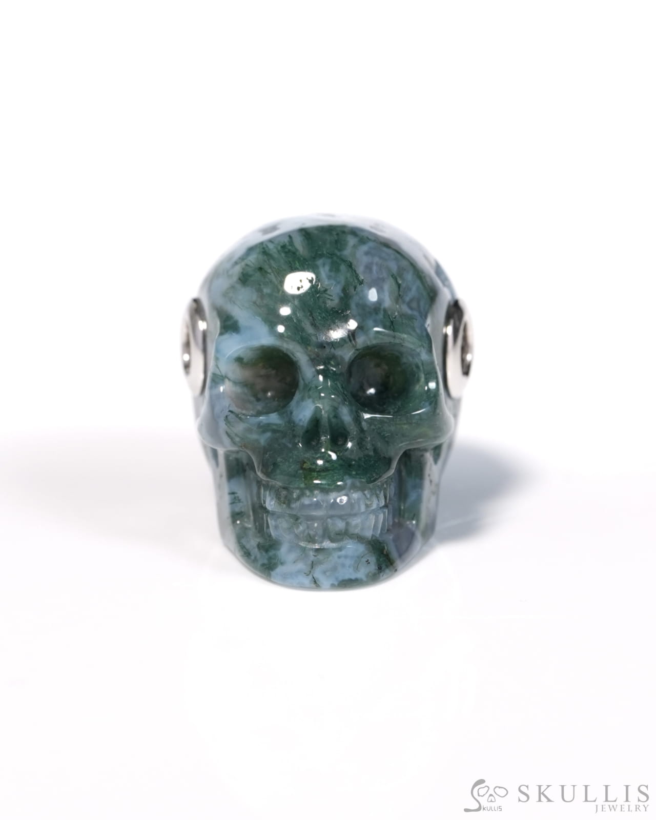 Skullis Signature Green Moss Agate Gem Skull Pendant or Necklace Hand Carved for Women & Men - ZR19900130 - Skull