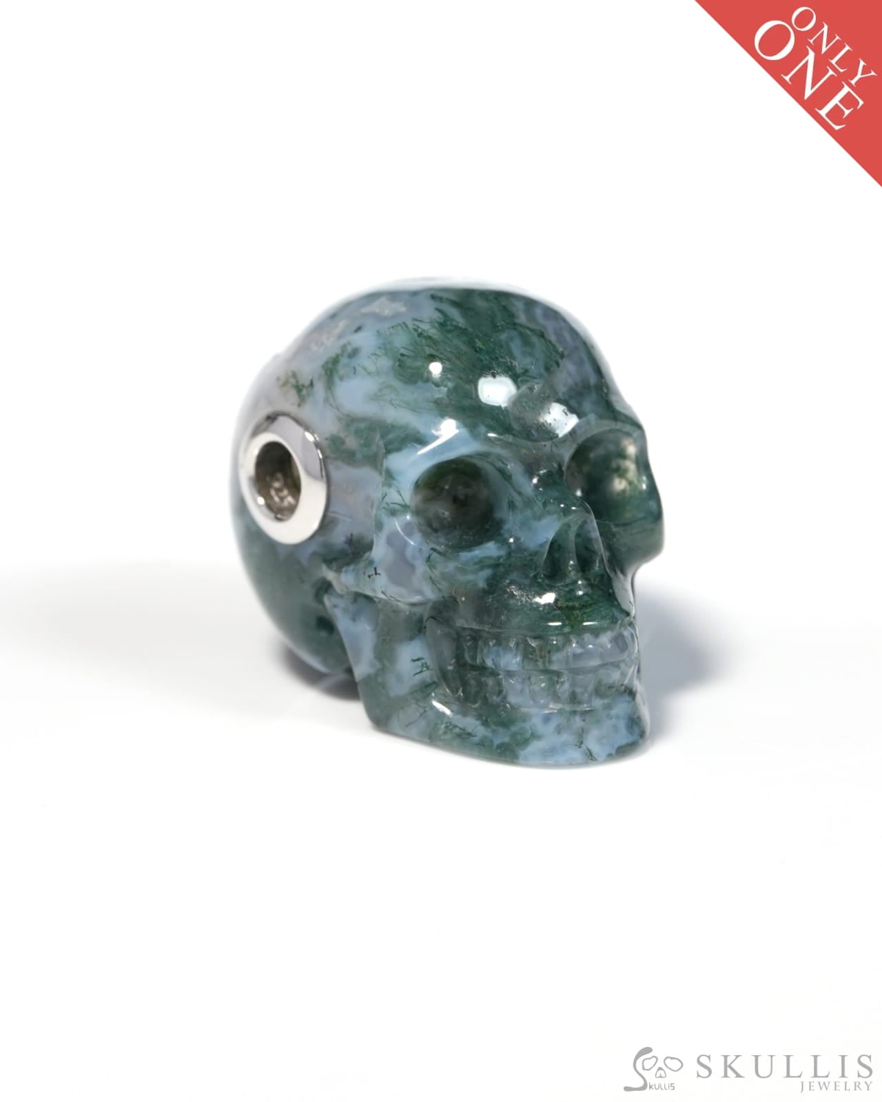 Skullis Signature Green Moss Agate Gem Skull Pendant or Necklace Hand Carved for Women & Men - ZR19900130 - Skull