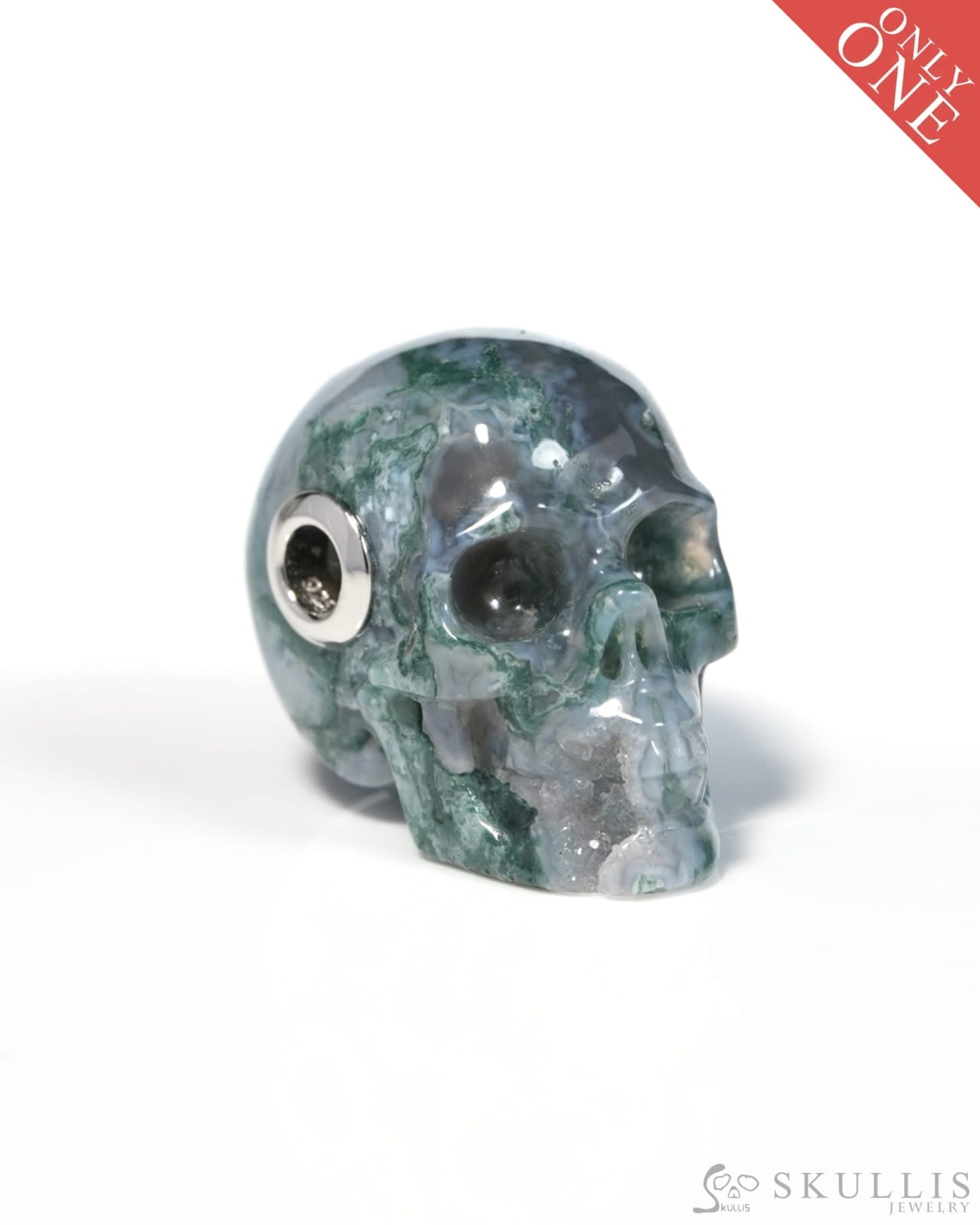Skullis Signature Green Moss Agate Gem Skull Pendant or Necklace Hand Carved for Women & Men - ZR19900131 - Skull