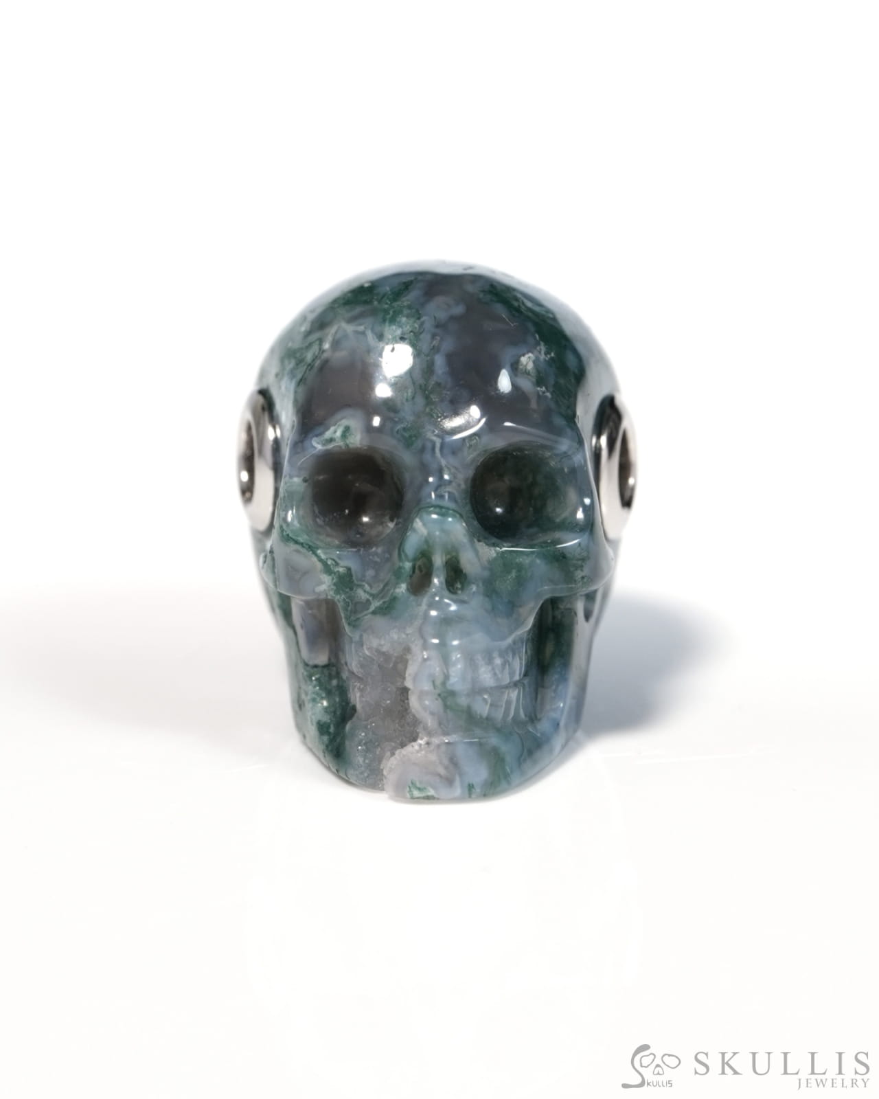 Skullis Signature Green Moss Agate Gem Skull Pendant or Necklace Hand Carved for Women & Men - ZR19900131 - Skull