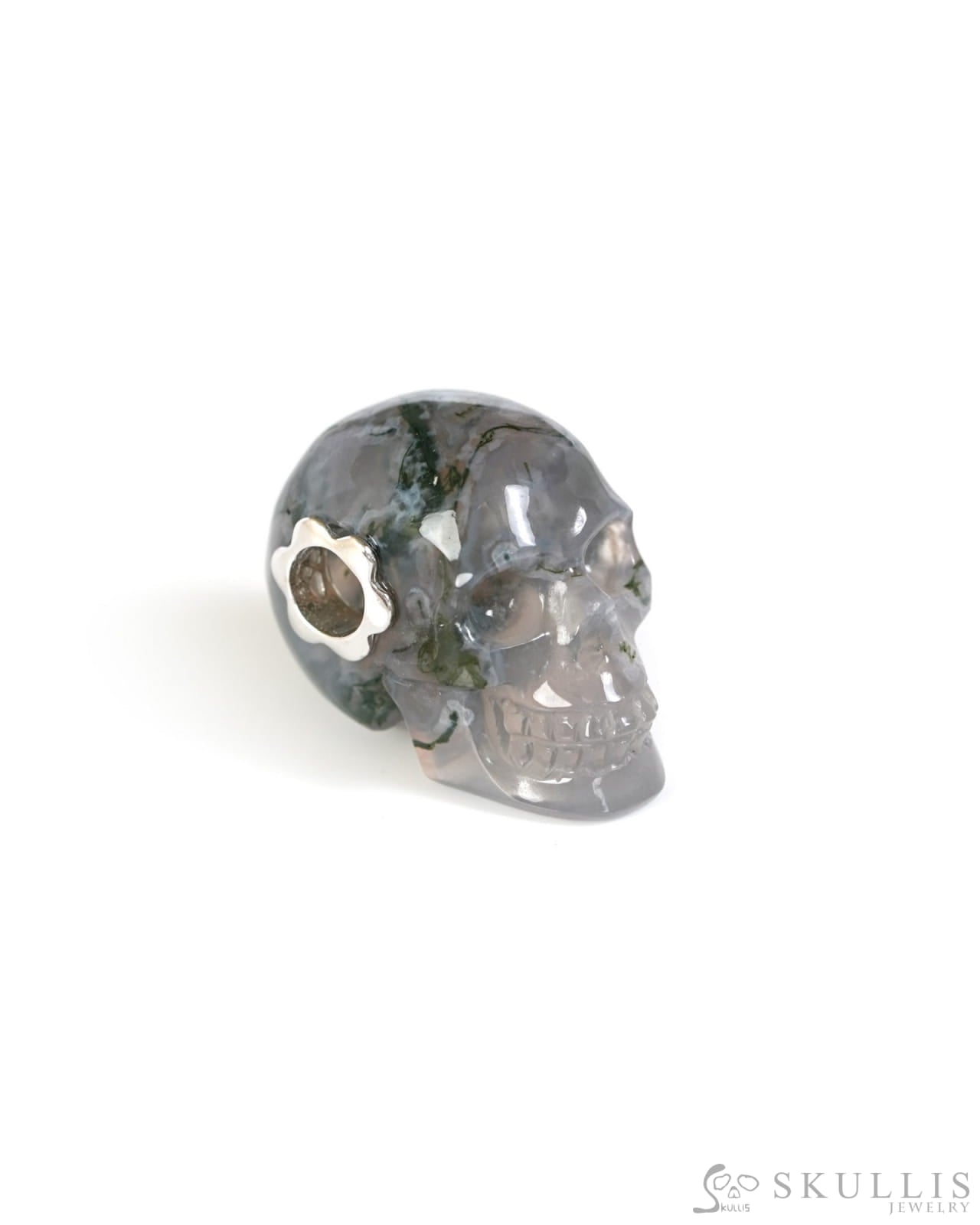 Skullis Signature Green Moss Agate Gem Skull Pendant or Necklace Hand Carved Sterling Silver 925 Chain for Women & Men