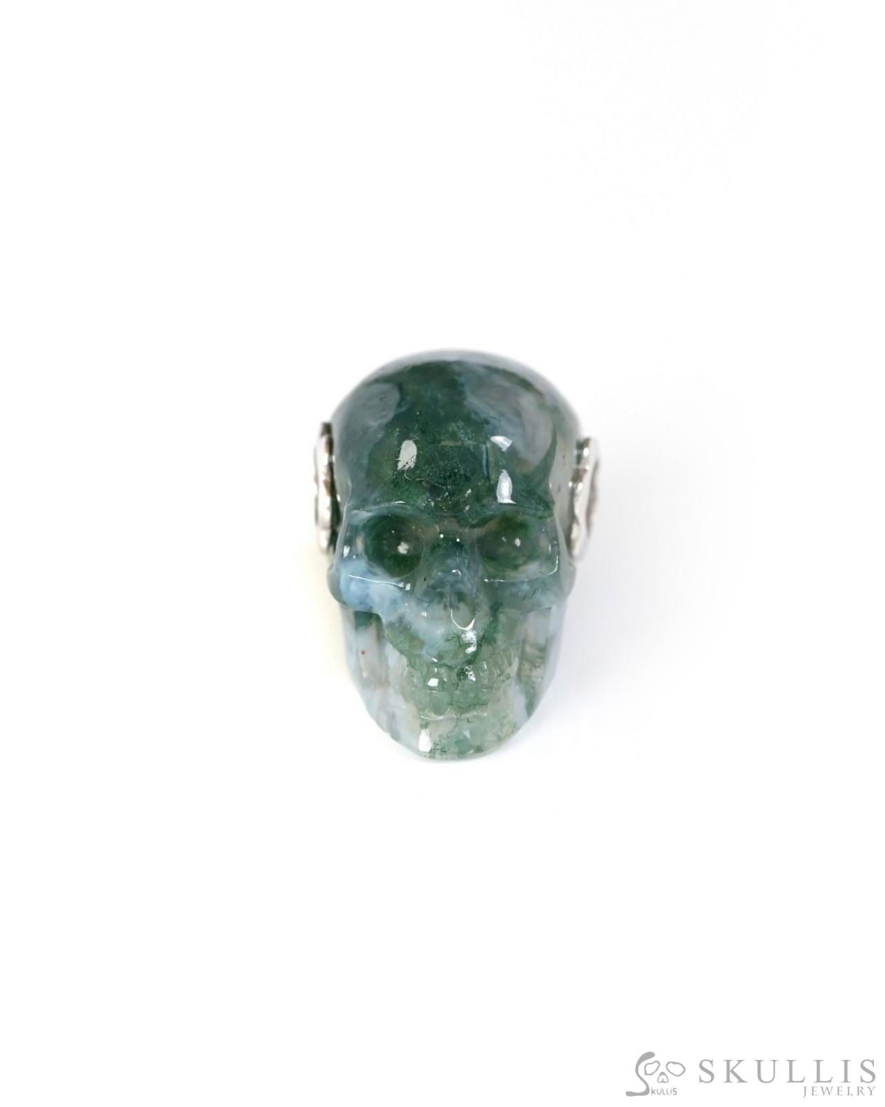 Skullis Signature Green Moss Agate Gem Skull Pendant or Necklace Hand Carved Sterling Silver 925 Chain for Women & Men