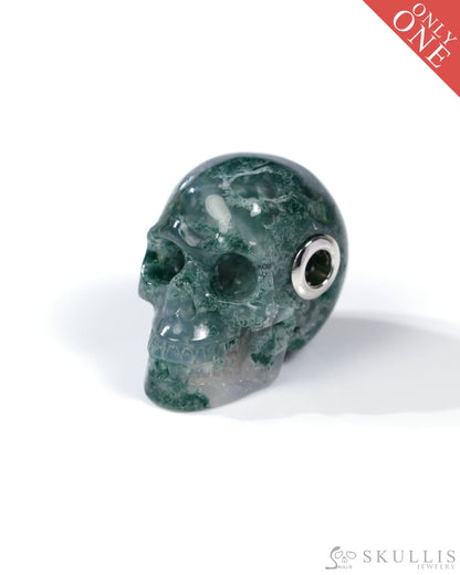 Skullis Signature Green Moss Agate Gem Skull Pendant or Necklace Hand Carved Sterling Silver 925 Chain for Women & Men