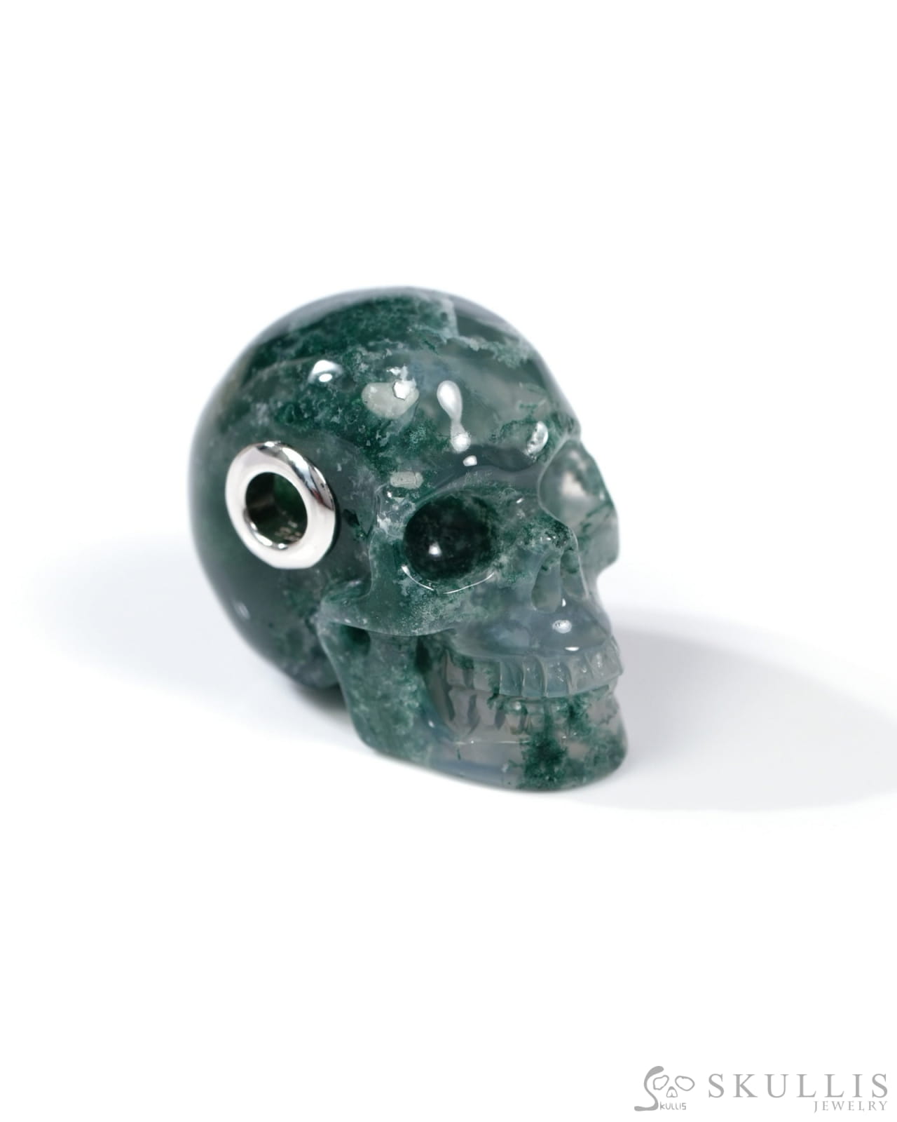 Skullis Signature Green Moss Agate Gem Skull Pendant or Necklace Hand Carved Sterling Silver 925 Chain for Women & Men