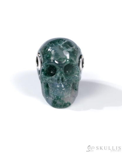 Skullis Signature Green Moss Agate Gem Skull Pendant or Necklace Hand Carved Sterling Silver 925 Chain for Women & Men