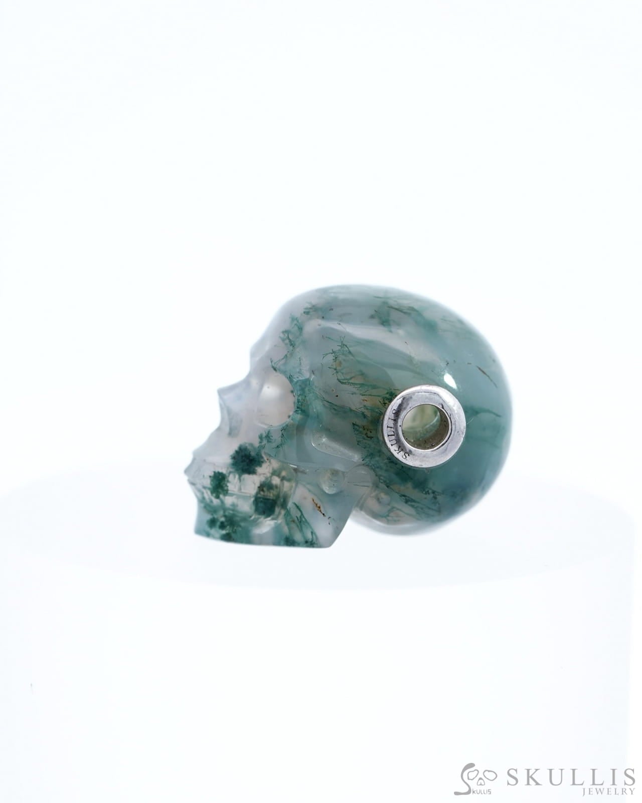 Skullis Signature Green Moss Agate Gem Skull Pendant Or Necklace Hand Carved Sterling Silver 925