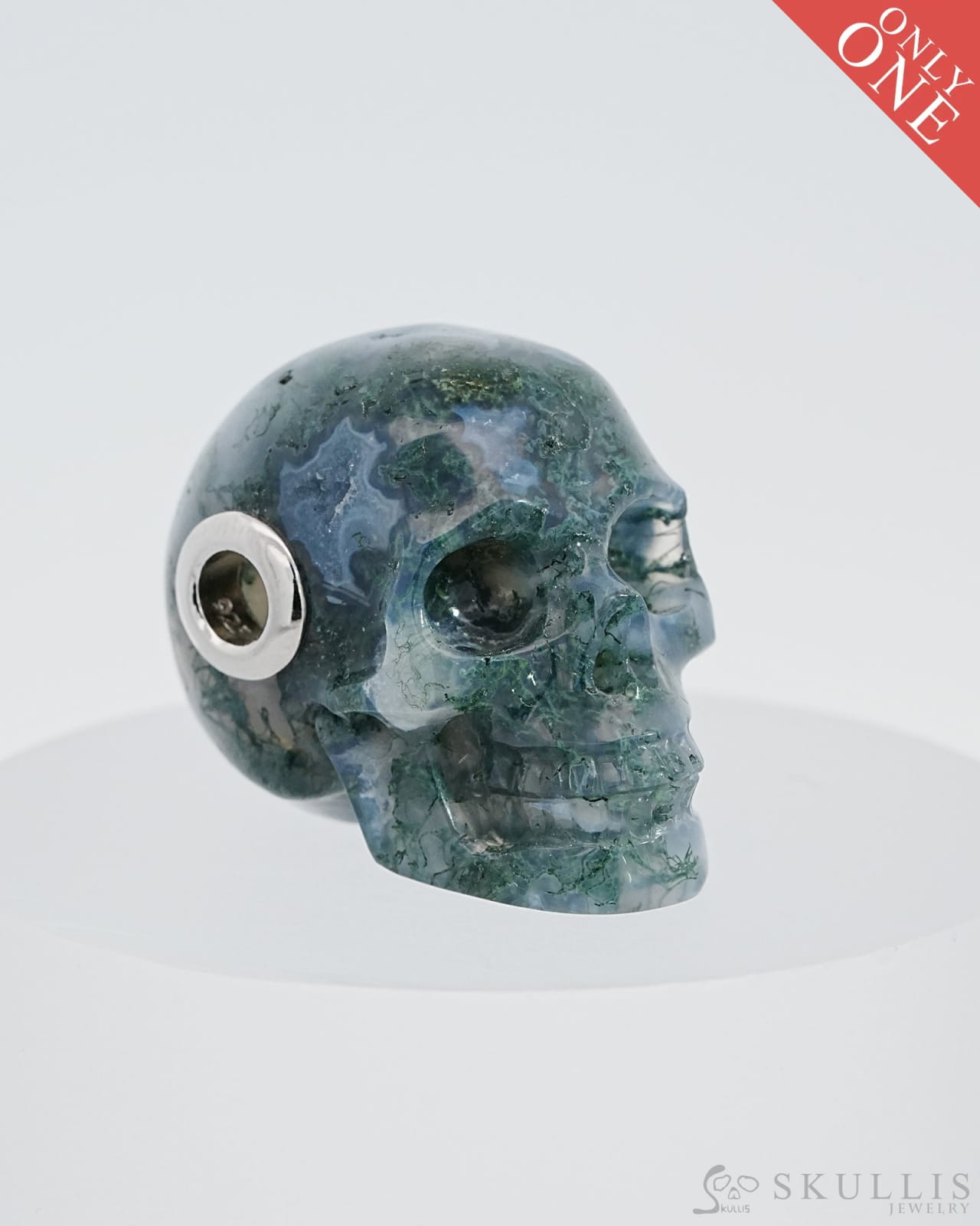 Skullis Signature Green Moss Agate Gem Skull Pendant Or Necklace Hand Carved Sterling Silver 925