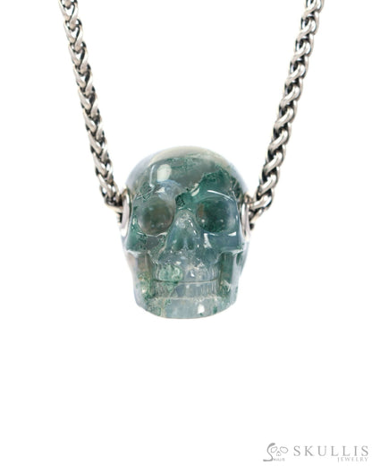 Skullis Signature Green Moss Agate Gem Skull Pendant or Necklace Hand Carved Sterling Silver 925 Chain for Women & Men