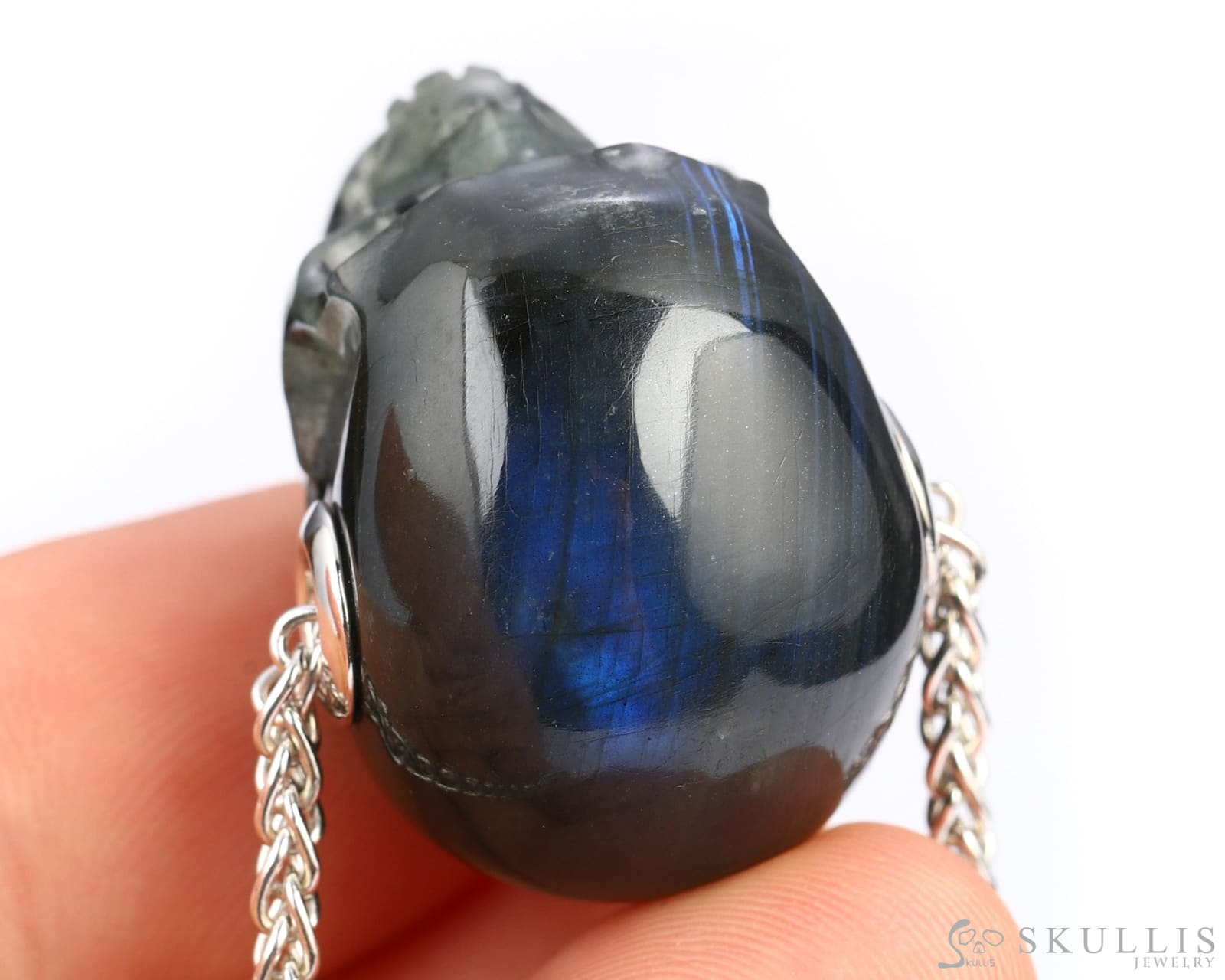 Skullis Signature Labradorite Gem Skull Pendant Or Necklace Hand Carved Sterling Silver.925 Chain