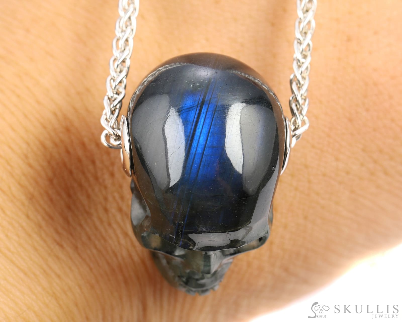 Skullis Signature Labradorite Gem Skull Pendant Or Necklace Hand Carved Sterling Silver.925 Chain