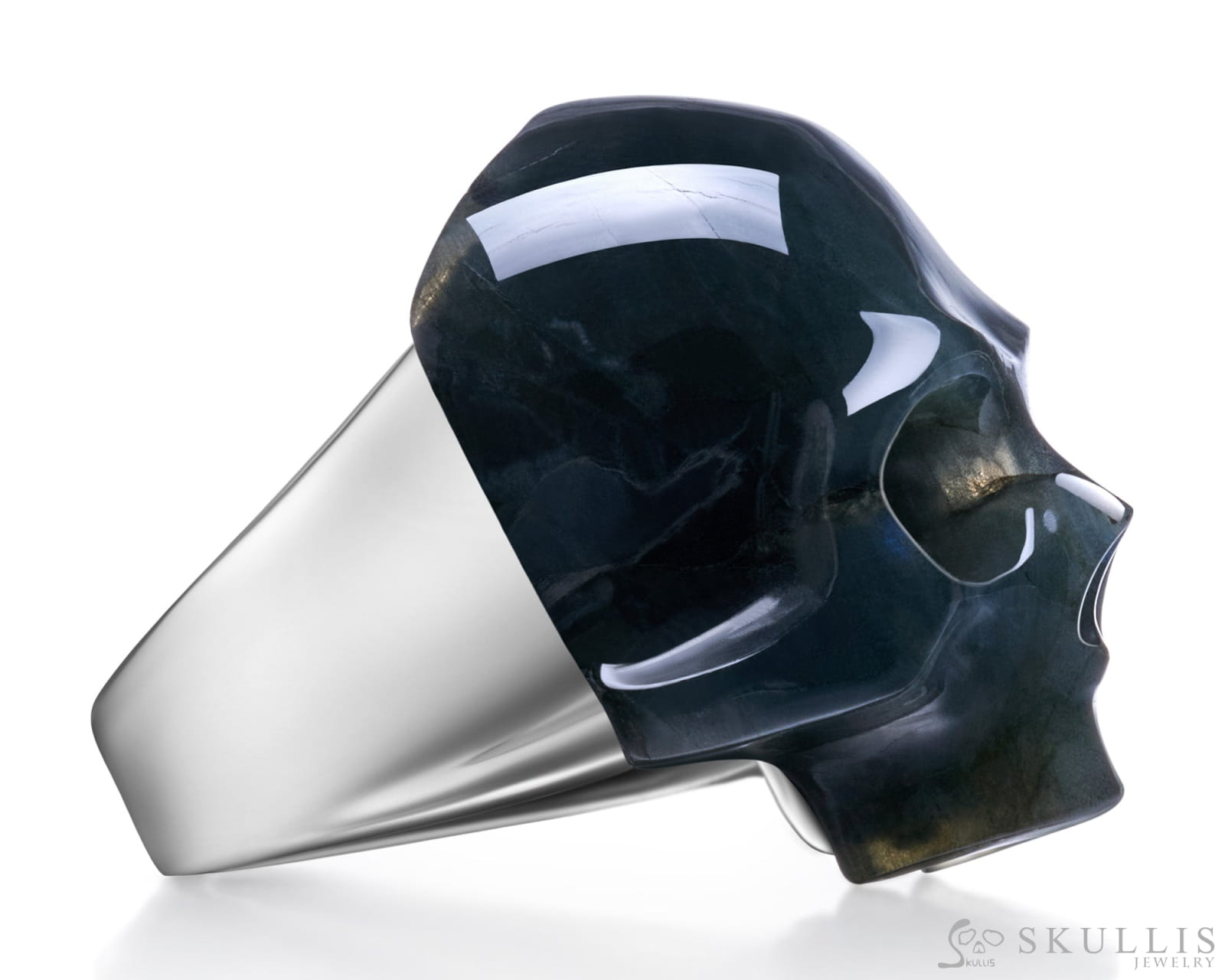 Skullis Signature Labradorite Gem Skull Ring Hand Carved Sterling Silver for Women & Men Skull Rings