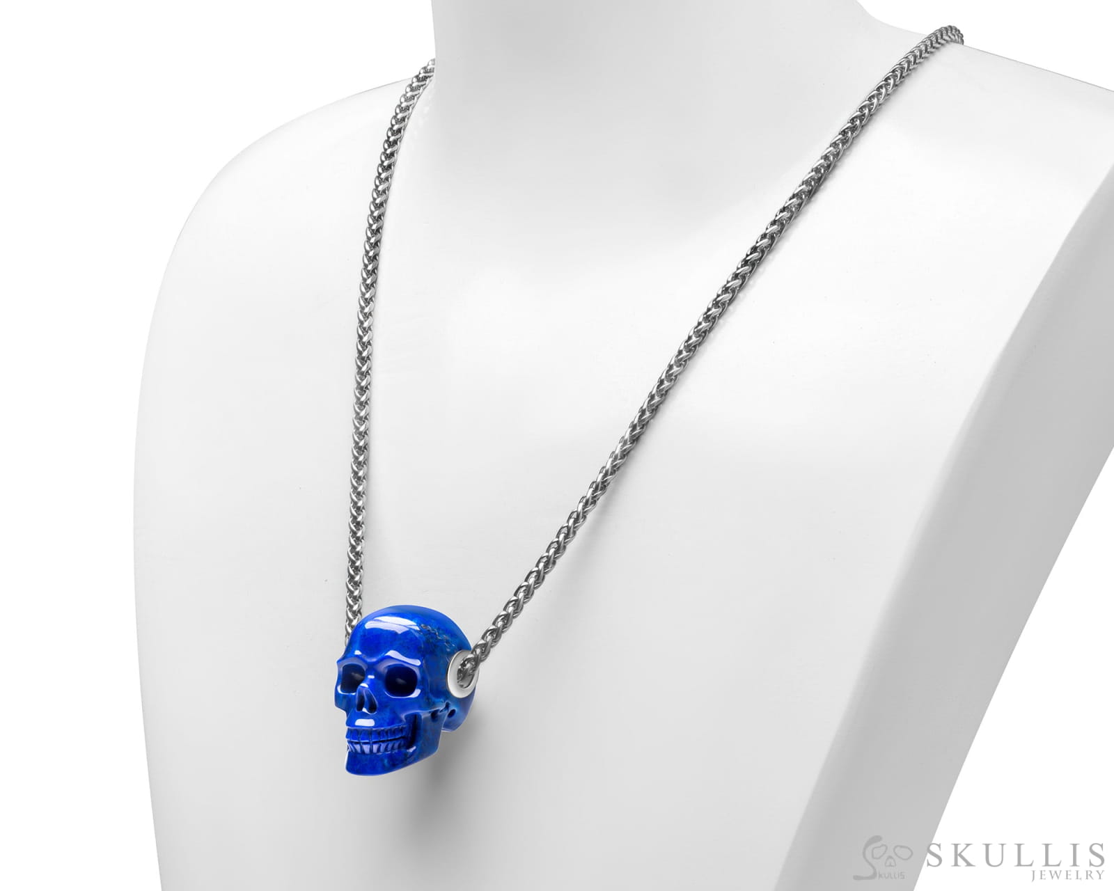 Skullis Signature Lapis Lazuli Gem Skull Pendant or Necklace Hand Carved Sterling Silver 925 Chain for Women & Men