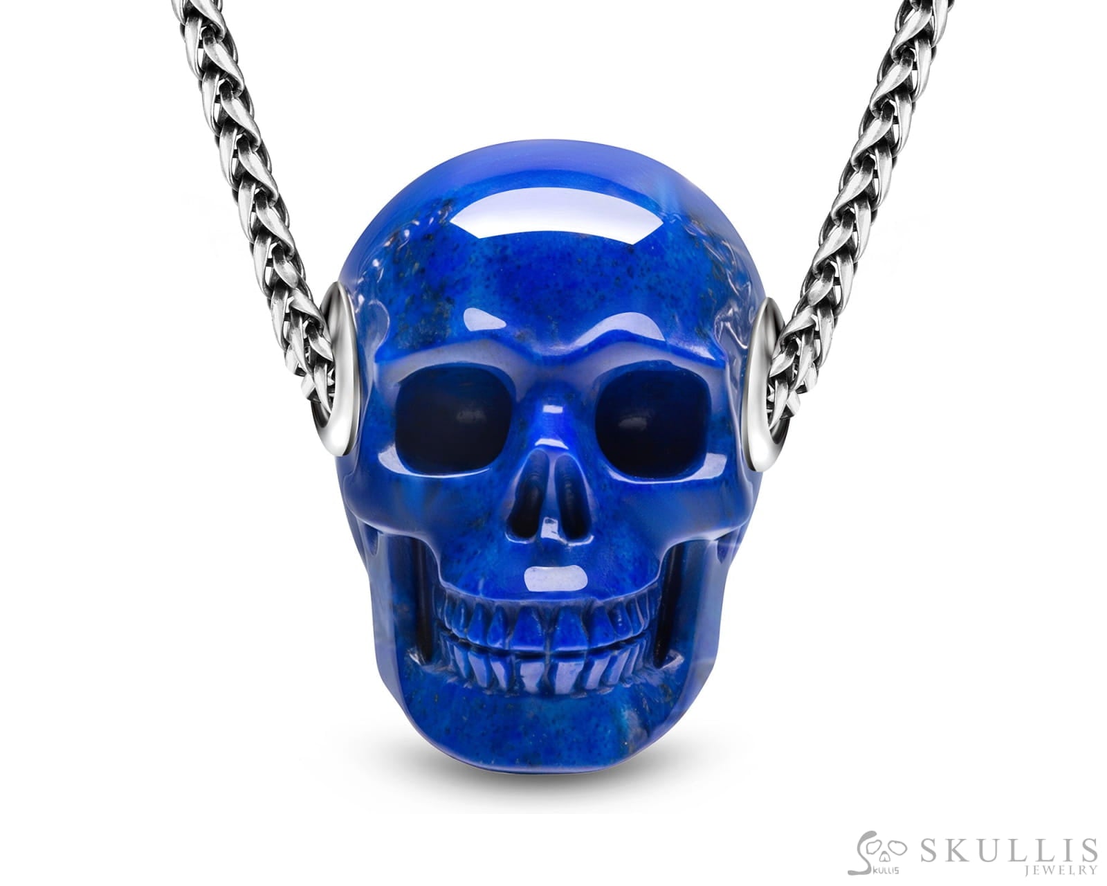 Skullis Signature Lapis Lazuli Gem Skull Pendant or Necklace Hand Carved Sterling Silver 925 Chain for Women & Men