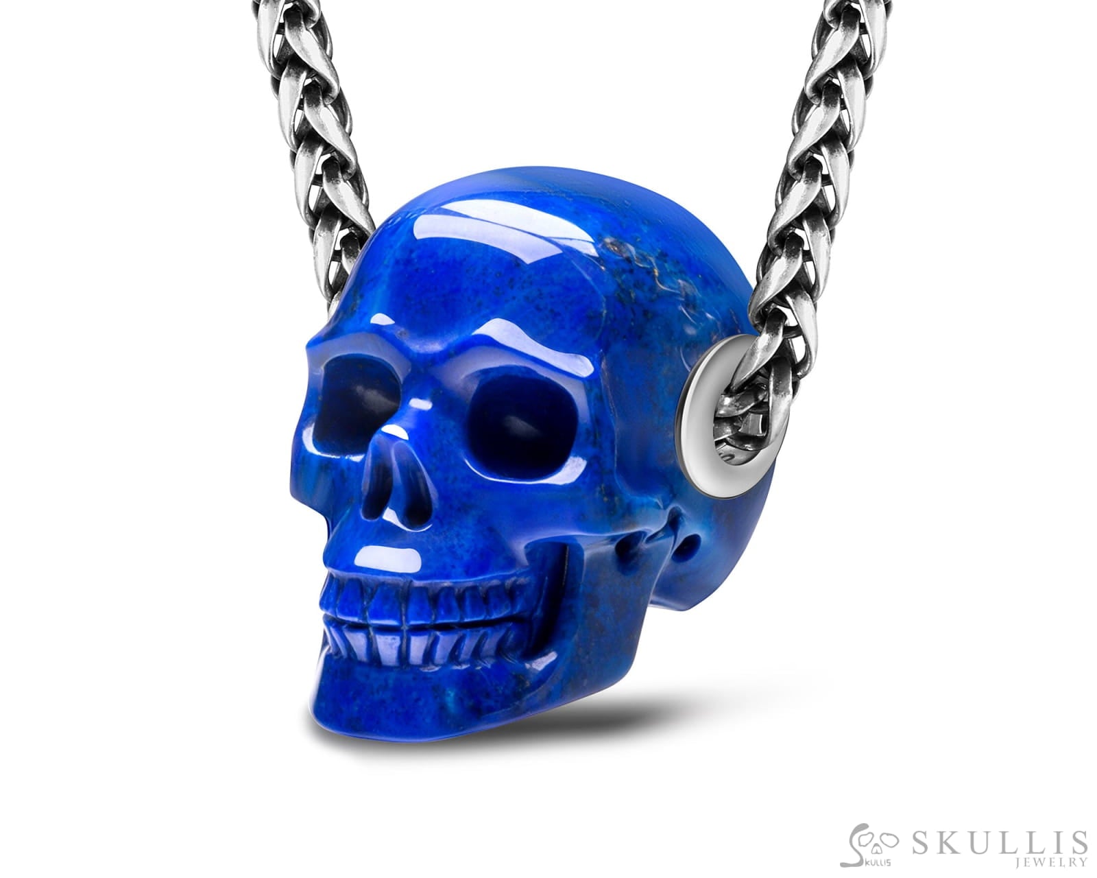 Skullis Signature Lapis Lazuli Gem Skull Pendant or Necklace Hand Carved Sterling Silver 925 Chain for Women & Men