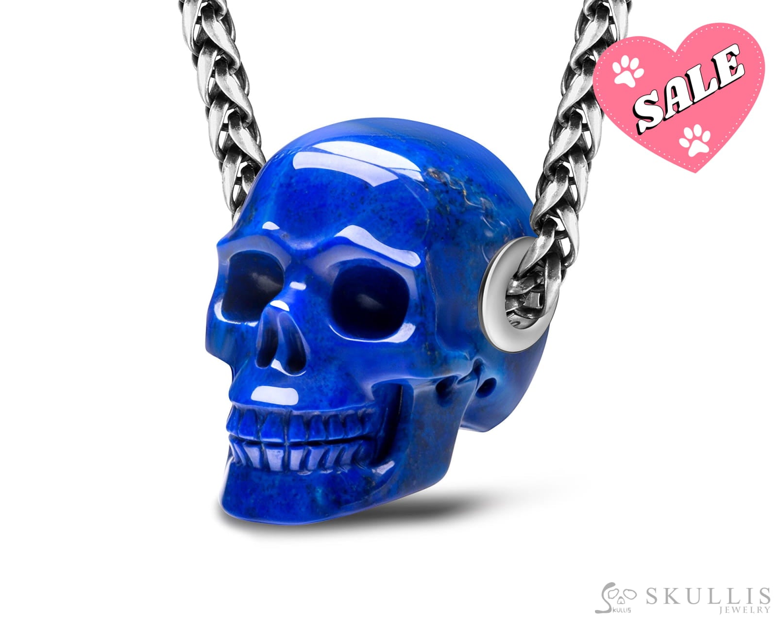 Skullis Signature Lapis Lazuli Gem Skull Pendant or Necklace Hand Carved Sterling Silver 925 Chain for Women & Men