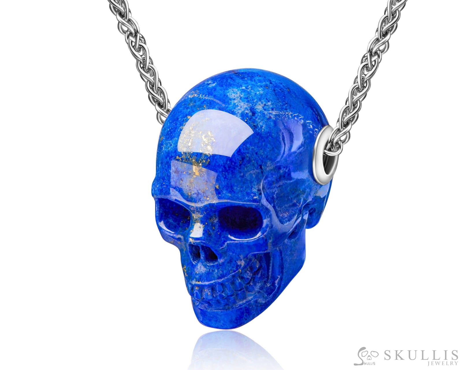 Gem Skull Pendant Necklace Of Lapis Lazuli Carved Skull In Blackened Sterling Silver Pendant