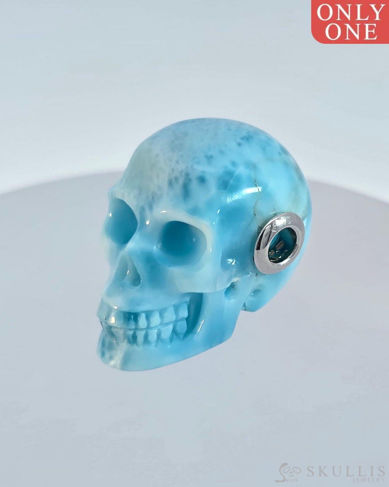 Skullis Signature Larimar Gem Skull Pendant Or Necklace Hand Carved Sterling Silver.925 Chain For