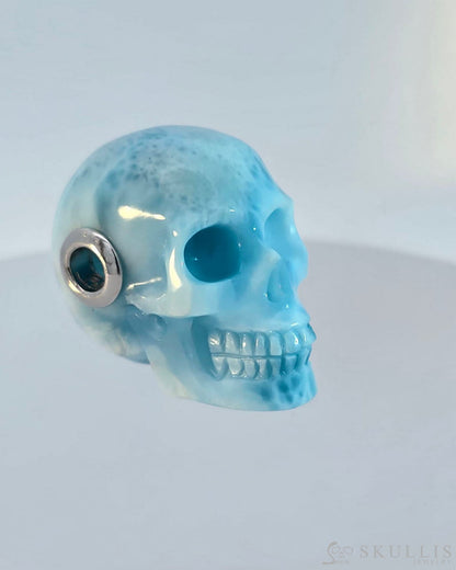 Skullis Signature Larimar Gem Skull Pendant Or Necklace Hand Carved Sterling Silver.925 Chain For