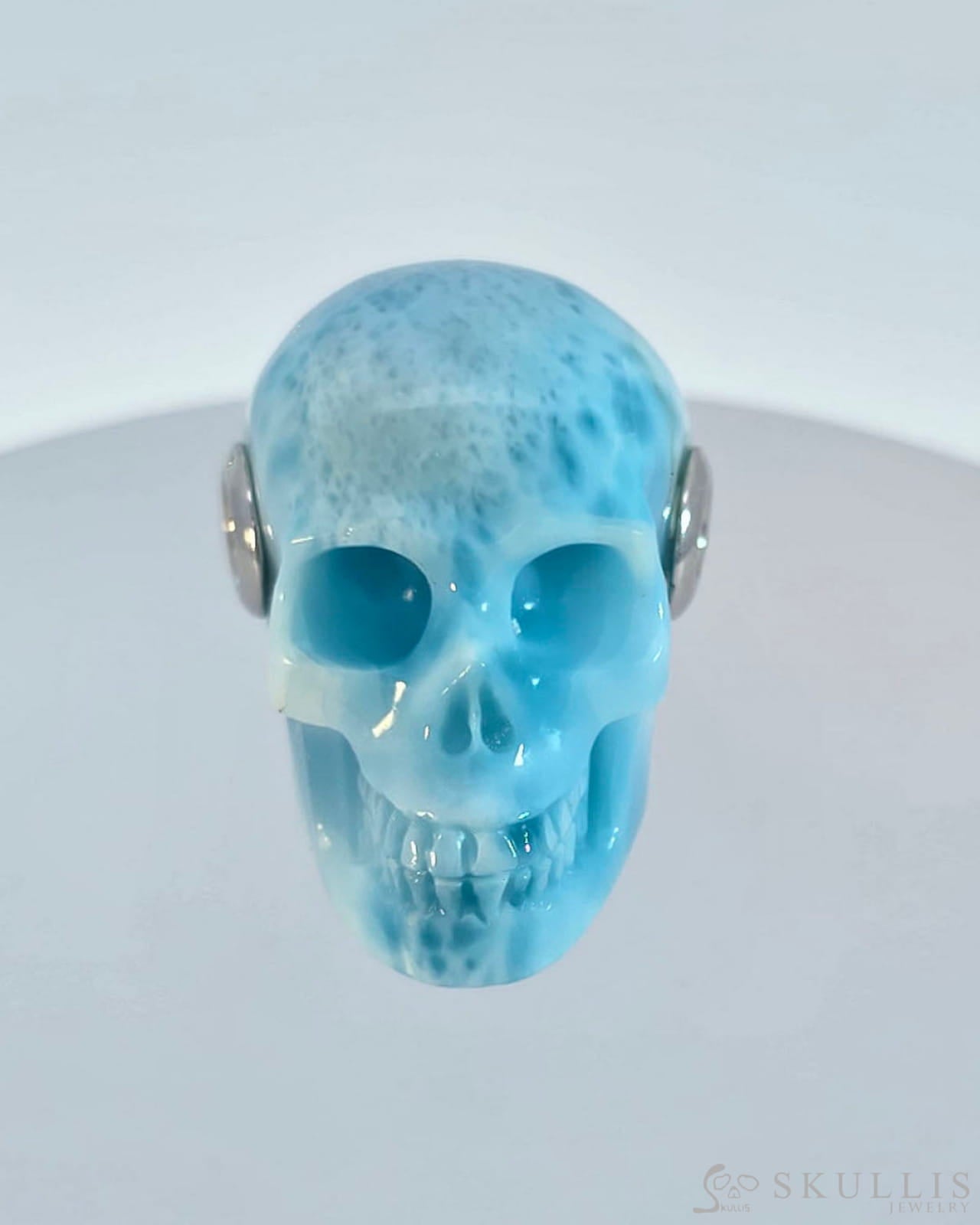 Skullis Signature Larimar Gem Skull Pendant Or Necklace Hand Carved Sterling Silver.925 Chain For