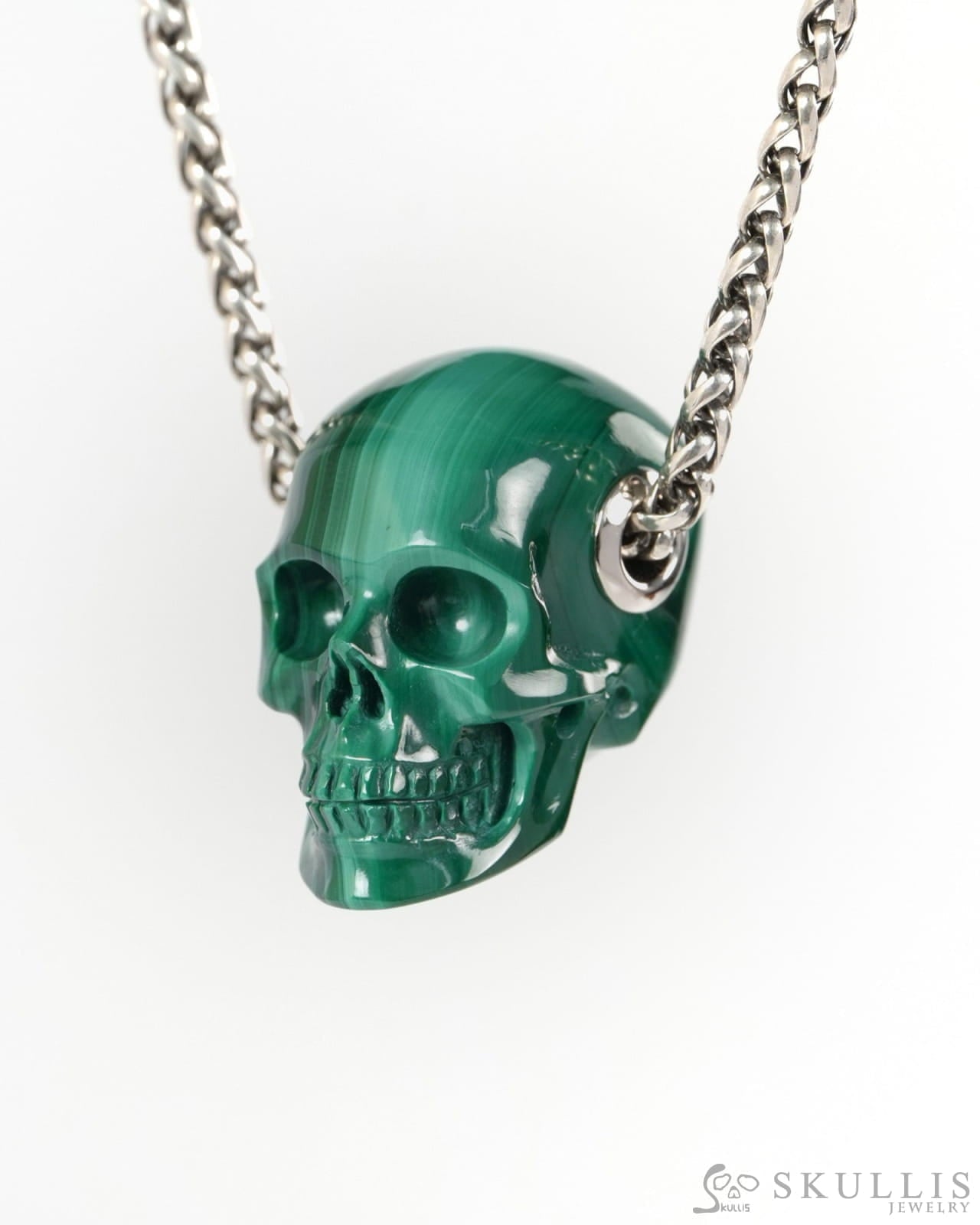 Skullis Signature Malachite Gem Skull Pendant or Necklace Hand Carved for Women & Men - ZR19900267 - Skull Pendants