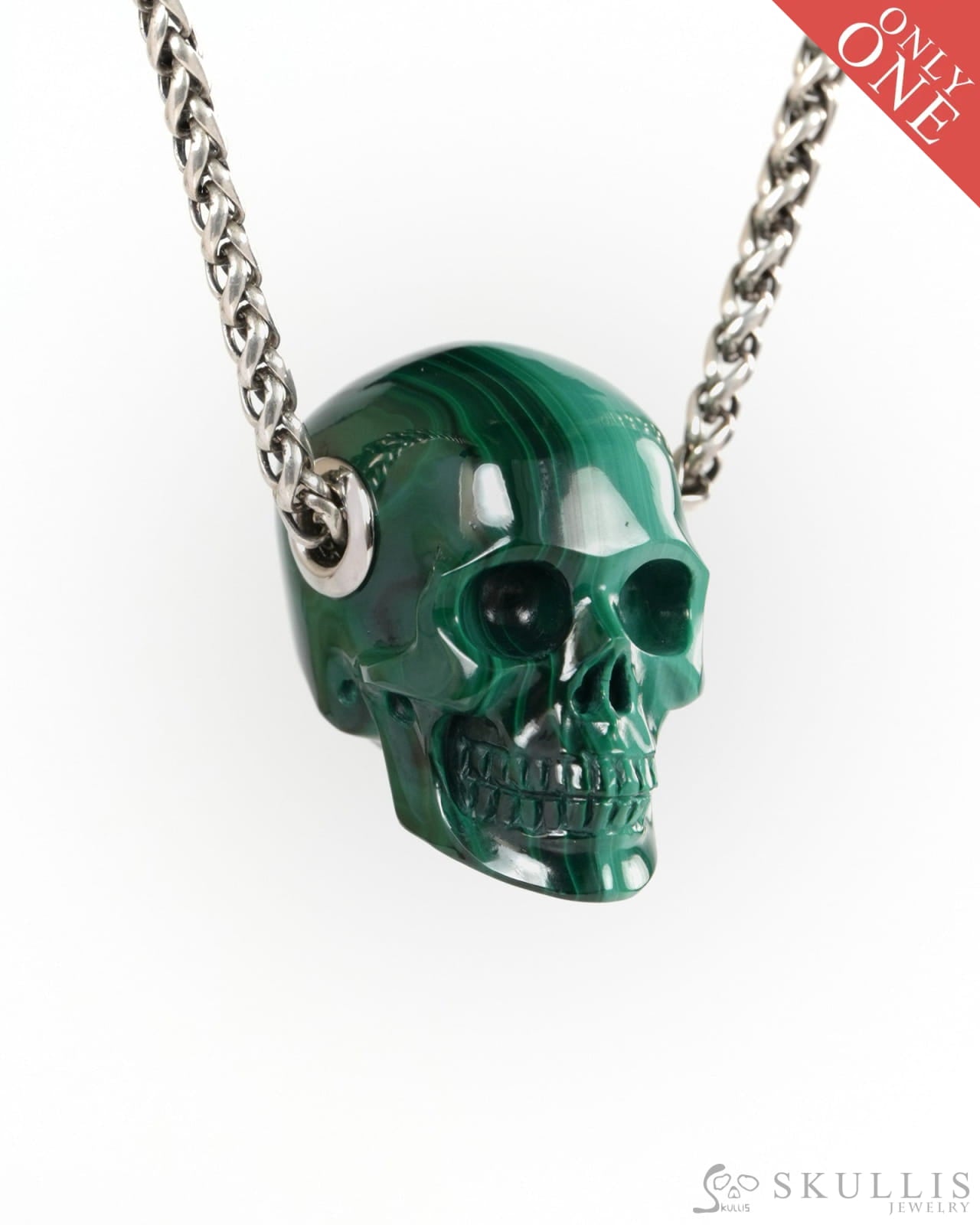 Skullis Signature Malachite Gem Skull Pendant or Necklace Hand Carved for Women & Men - 9900267 - Skull Pendants