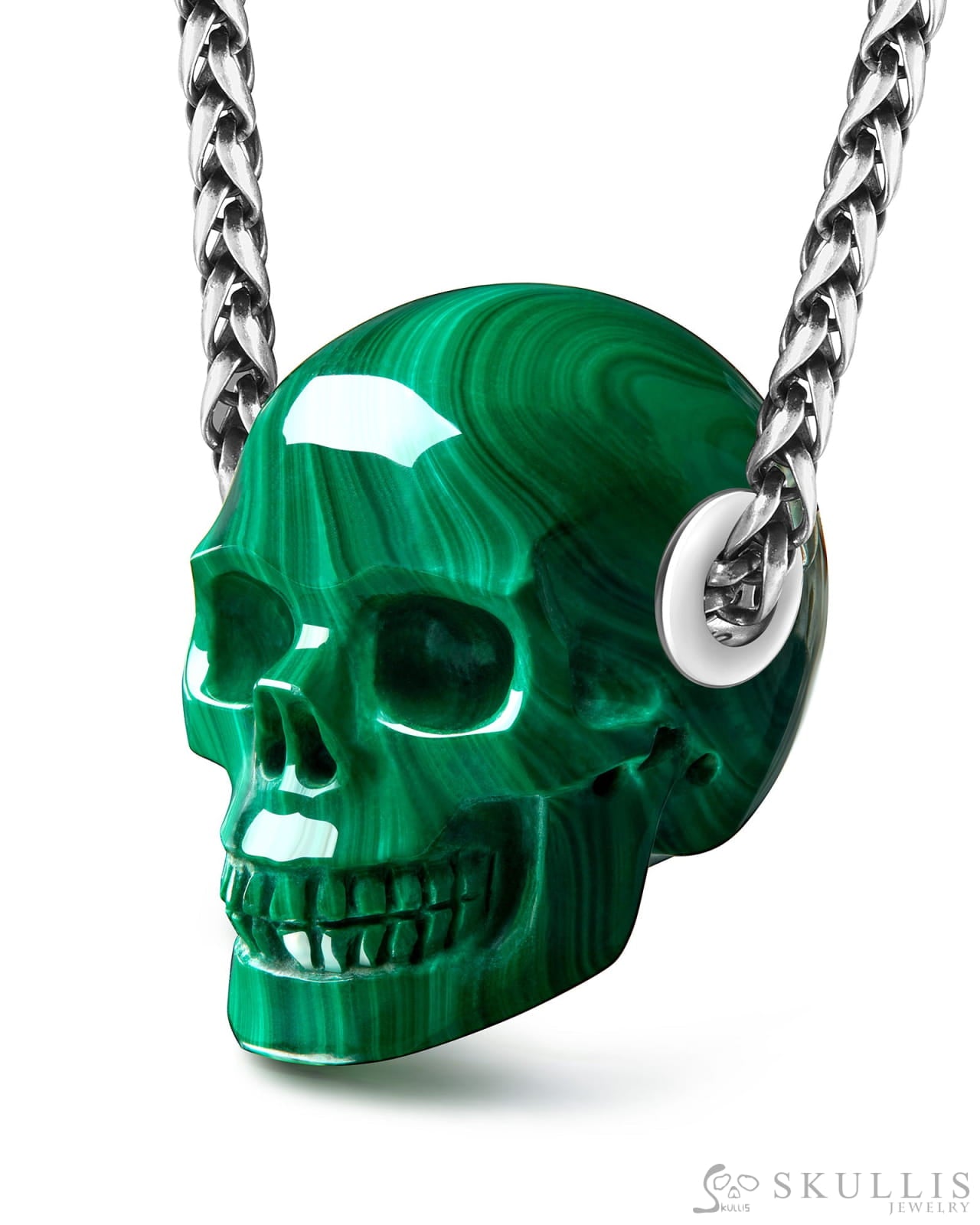 Skullis Signature Malachite Gem Skull Pendant or Necklace Hand Carved Sterling Silver 925 Chain for Women & Men Skull