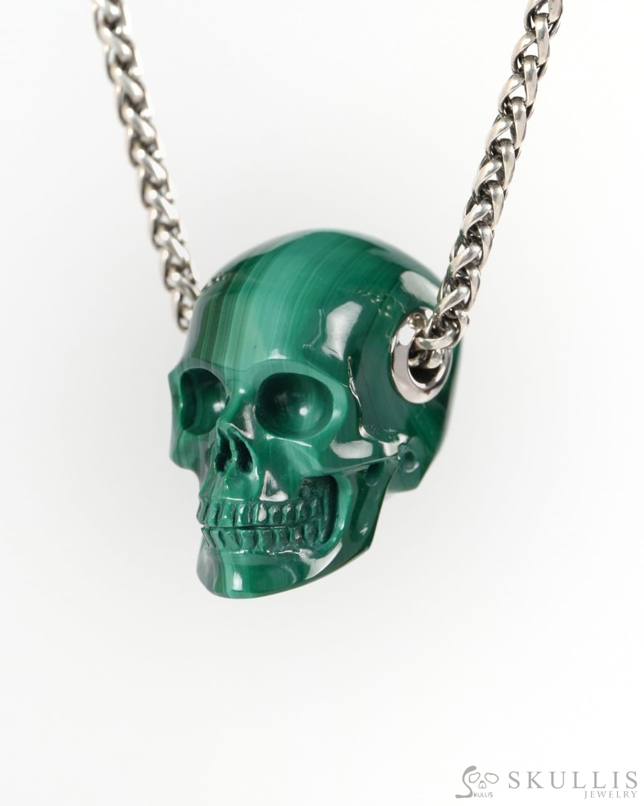 Skullis Signature Malachite Gem Skull Pendant or Necklace Hand Carved for Women & Men - ZR19900267 - Skull Pendants