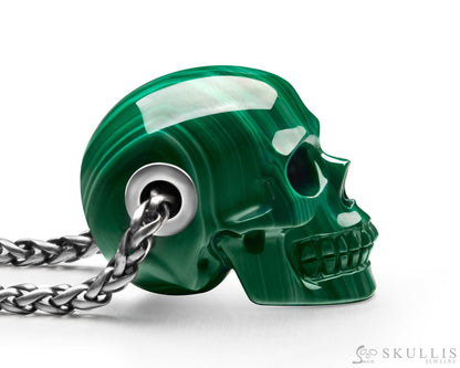 Gem Skull Pendant Necklace Of Malachite Carved Skull In 925 Sterling Silver