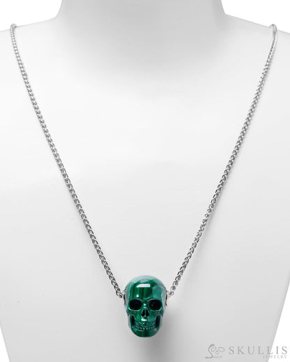 Gem Skull Pendant Necklace Of Malachite Carved Skull In 925 Sterling Silver